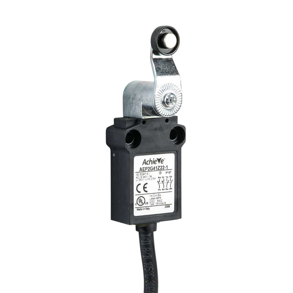 AEP2G41Z22-1 - AchieVe compact limit switch, side rotary lever with 14mm nylon roller, (2) N.O./(2) N.C. contact(s), snap action, 25mm hole spacing, plastic, pigtail, 3.2ft/1m cable length, bottom exit.