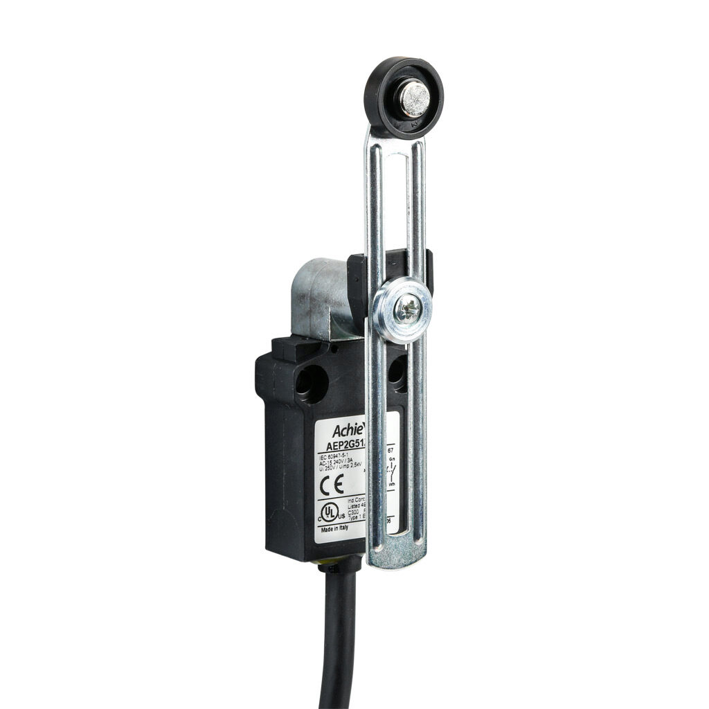 AEP2G51Z22-1 - AchieVe compact limit switch, side rotary adjustable lever with 18mm nylon roller, (2) N.O./(2) N.C. contact(s), snap action, 25mm hole spacing, plastic, pigtail, 3.2ft/1m cable length, bottom exit.