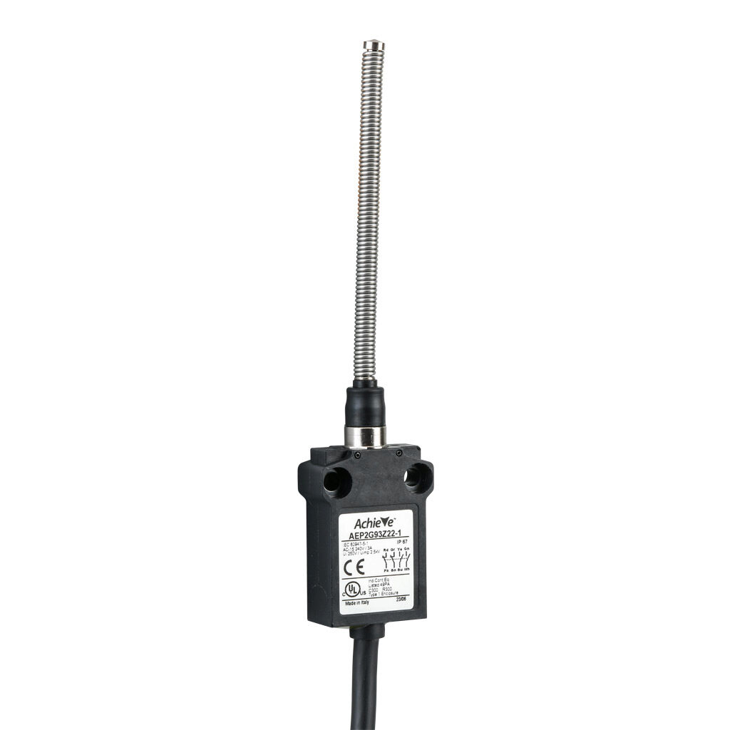 AEP2G93Z22-1 - AchieVe compact limit switch, 360 degree stainless steel spring, (2) N.O./(2) N.C. contact(s), snap action, 25mm hole spacing, plastic, pigtail, 3.2ft/1m cable length, bottom exit.