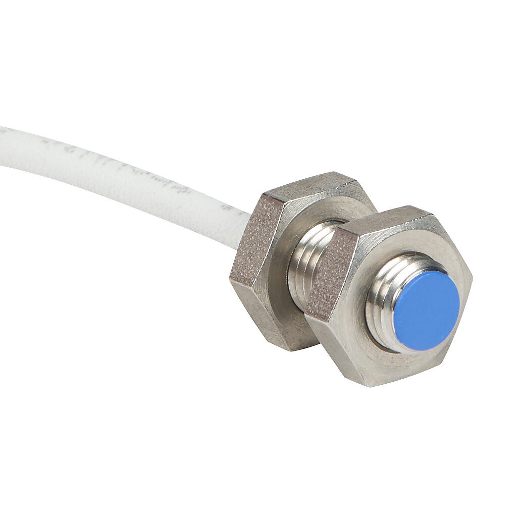 AES-AN-1A - Micro Detectors inductive proximity sensor, tubular, 8mm diameter x 20.3mm body, stainless steel housing, NPN, N.O. output, 1.5mm sensing distance, flush, 7 kHz switching frequency, IP67, pigtail.