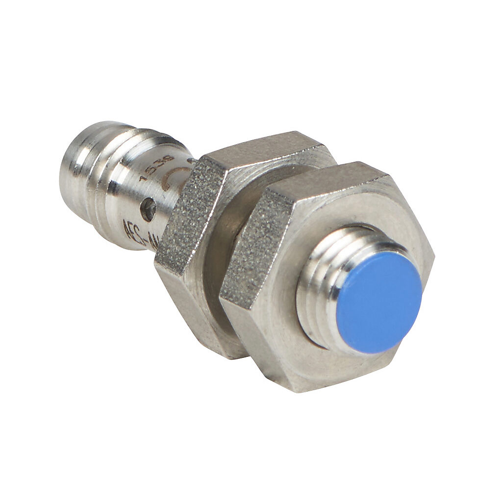 AES-AN-1F - Micro Detectors inductive proximity sensor, tubular, 8mm diameter x 29.4mm body, stainless steel housing, NPN, N.O. output, 1.5mm sensing distance, flush, 7 kHz switching frequency, IP67, 3-pin M8 quick-disconnect.
