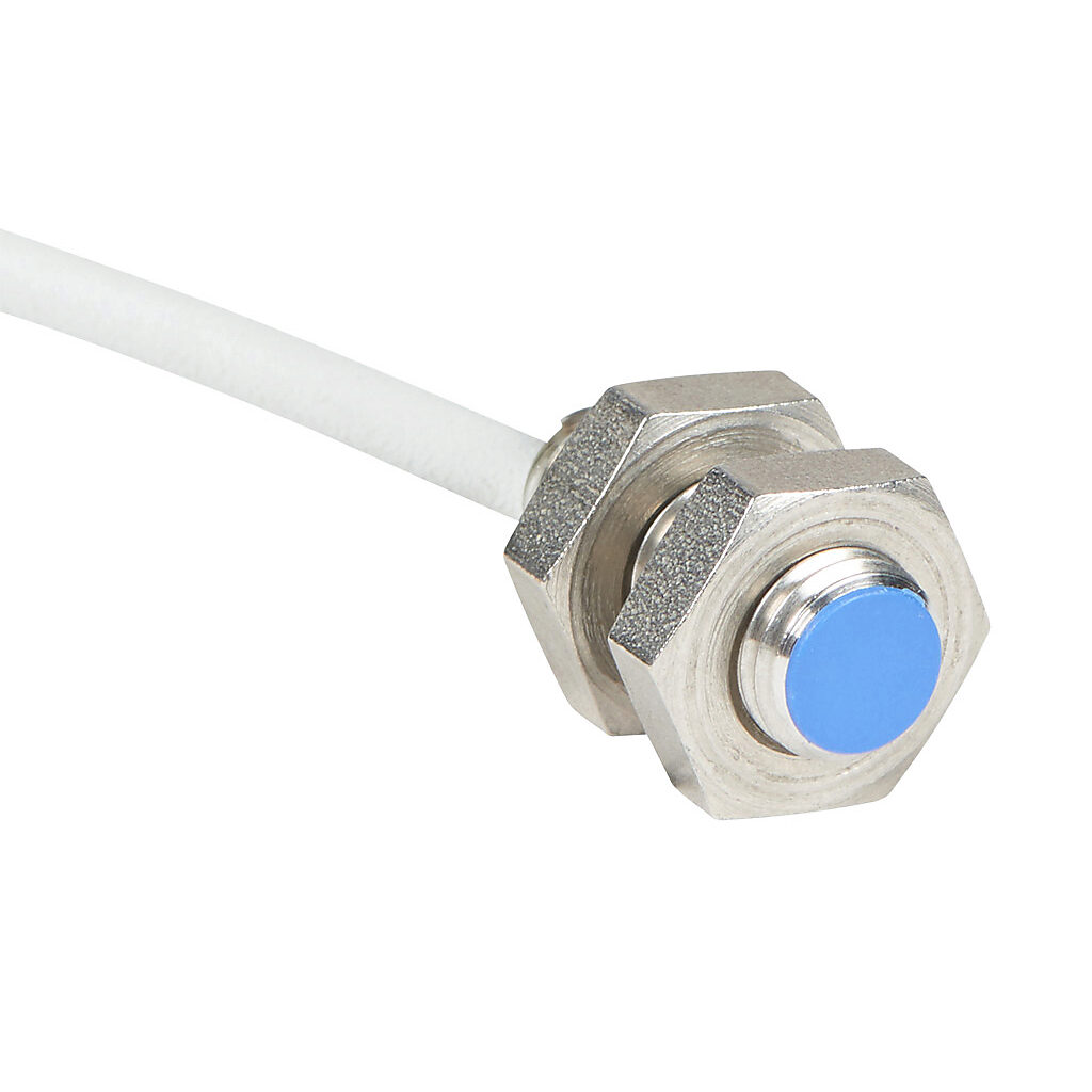 AES-AN-3A - Micro Detectors inductive proximity sensor, tubular, 8mm diameter x 20.3mm body, stainless steel housing, NPN, N.O. output, 2mm sensing distance, flush, 7 kHz switching frequency, IP67, pigtail.