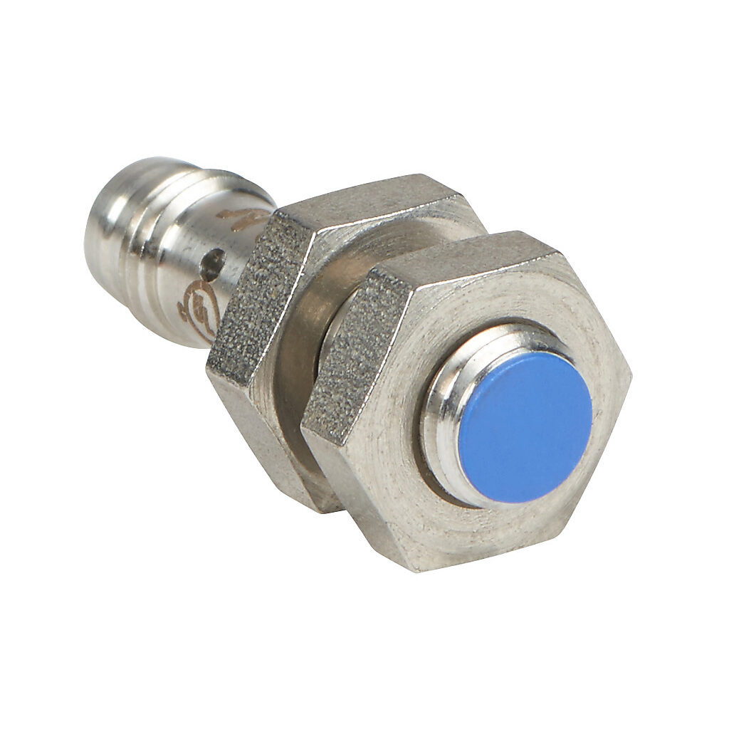 AES-AN-3F - Micro Detectors inductive proximity sensor, tubular, 8mm diameter x 29.4mm body, stainless steel housing, NPN, N.O. output, 2mm sensing distance, flush, 7 kHz switching frequency, IP67, 3-pin M8 quick-disconnect.