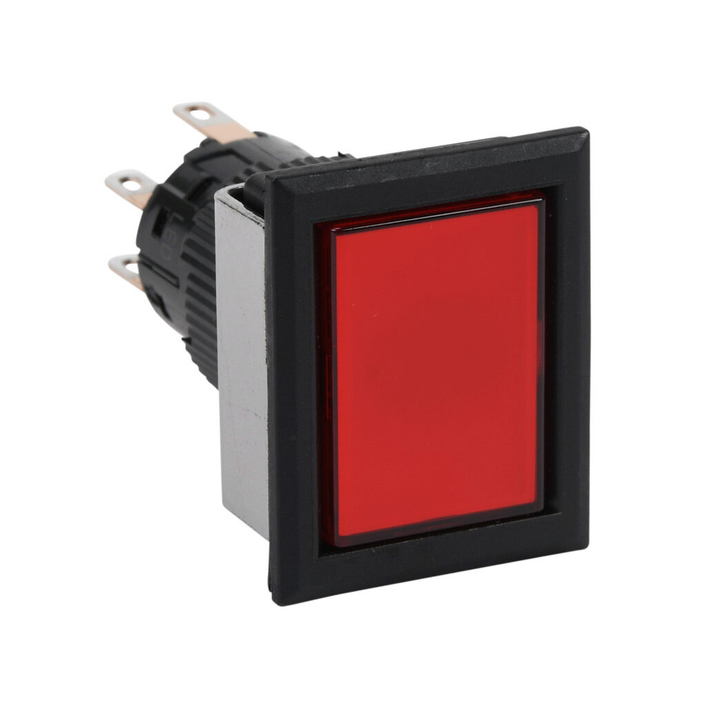 AF16F0N-C2E3R - Fuji Electric pushbutton, IP65, 16mm, momentary, LED illuminated, DPDT contact(s), plastic base, plastic bezel, black, Operator: red, flush, 28mm, rectangular, plastic, 24 VAC/VDC, full voltage.