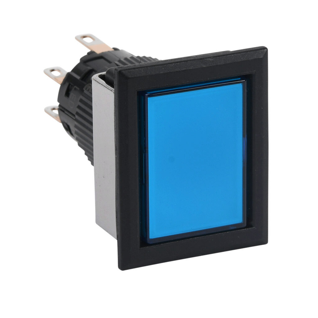 AF16F0N-C2E3S - Fuji Electric pushbutton, IP65, 16mm, momentary, LED illuminated, DPDT contact(s), plastic base, plastic bezel, black, Operator: blue, flush, 28mm, rectangular, plastic, 24 VAC/VDC, full voltage.