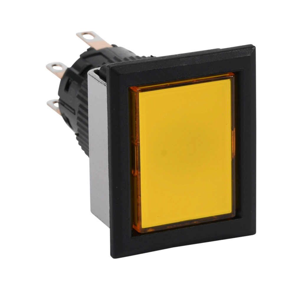 AF16F0N-C2E3Y - Fuji Electric pushbutton, IP65, 16mm, momentary, LED illuminated, DPDT contact(s), plastic base, plastic bezel, black, Operator: yellow, flush, 28mm, rectangular, plastic, 24 VAC/VDC, full voltage.