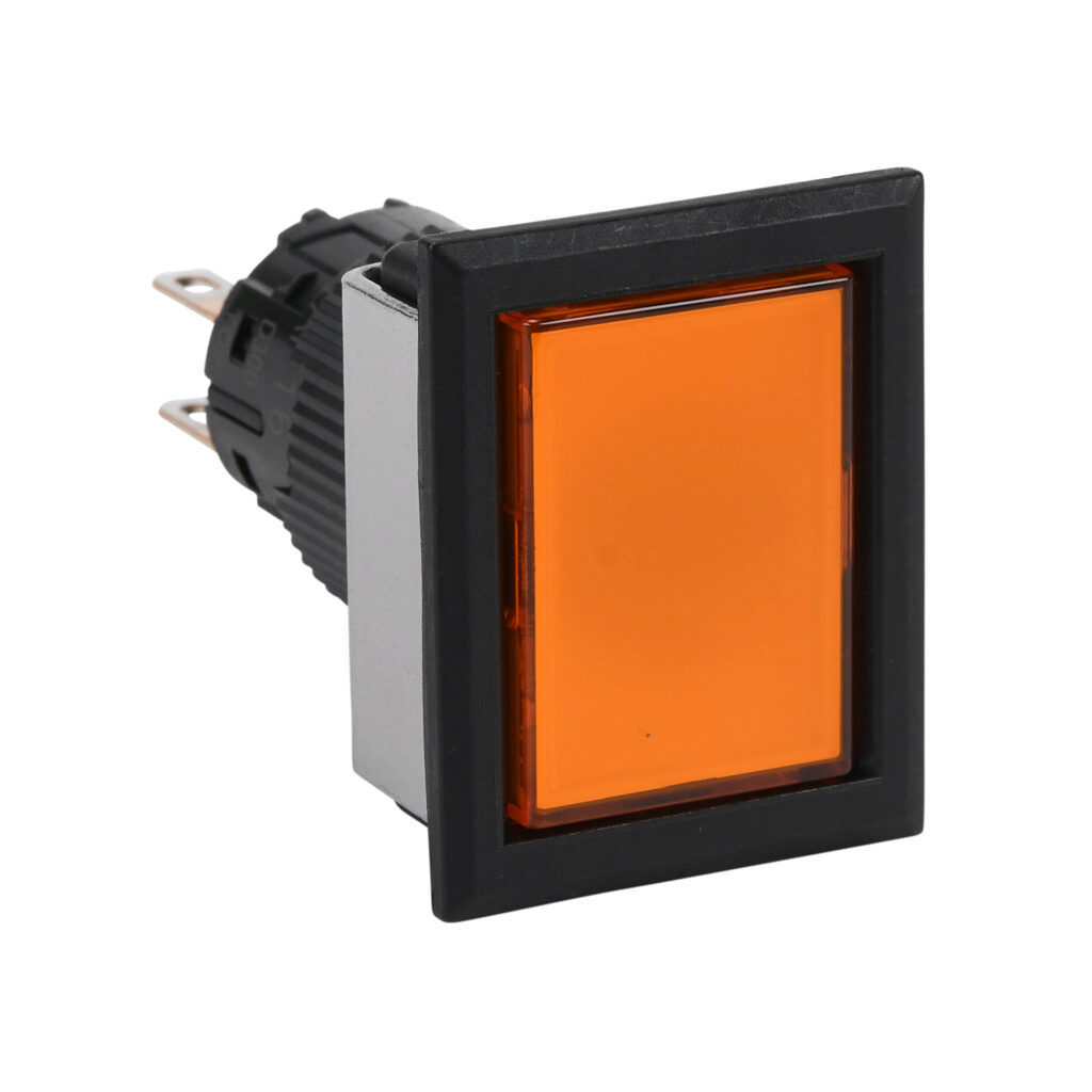 AF16F0T-C2A - Fuji Electric pushbutton, IP65, 16mm, momentary, DPDT contact(s), plastic base, plastic bezel, black, Operator: orange, flush, 28mm, rectangular, plastic.