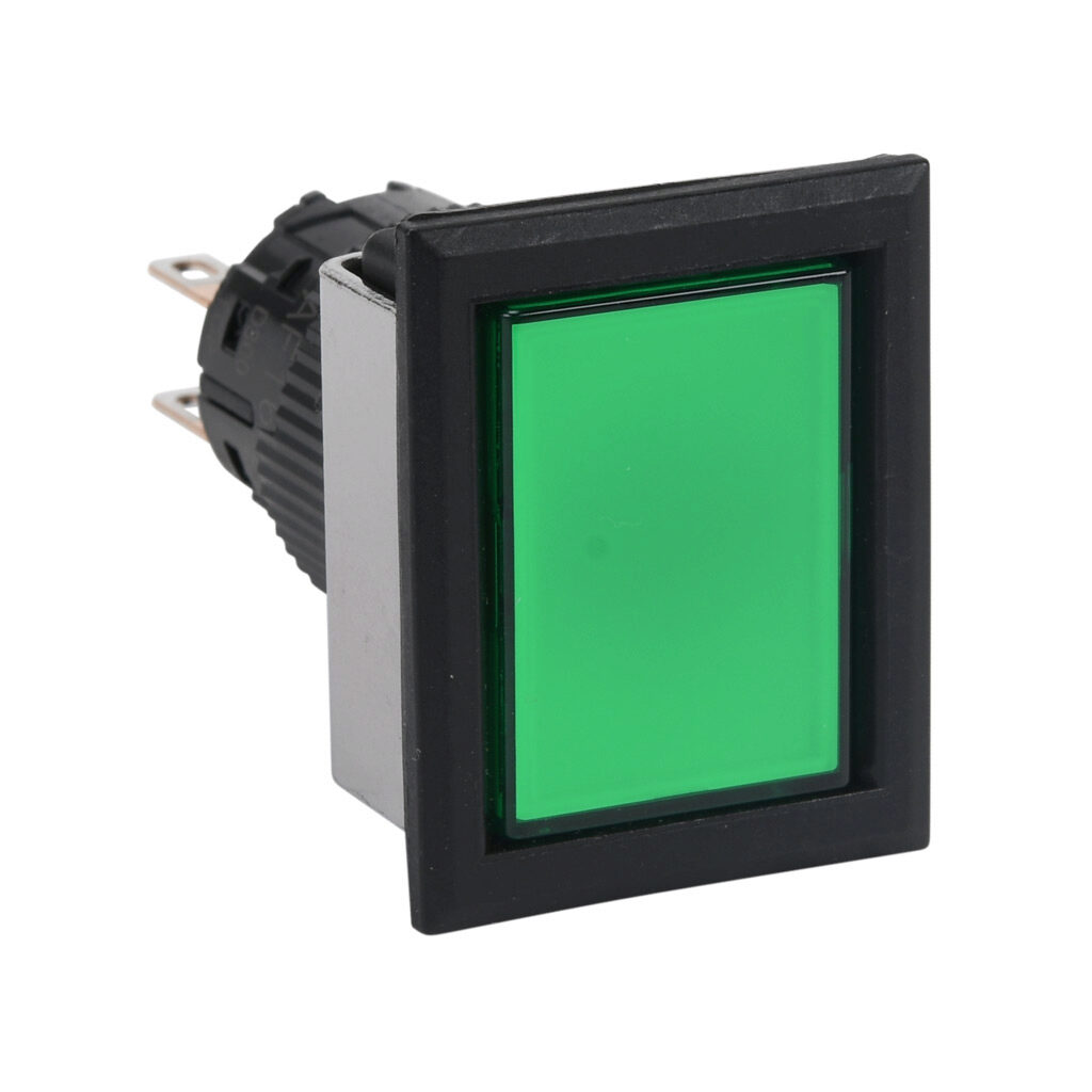 AF16F0T-C2G - Fuji Electric pushbutton, IP65, 16mm, momentary, DPDT contact(s), plastic base, plastic bezel, black, Operator: green, flush, 28mm, rectangular, plastic.
