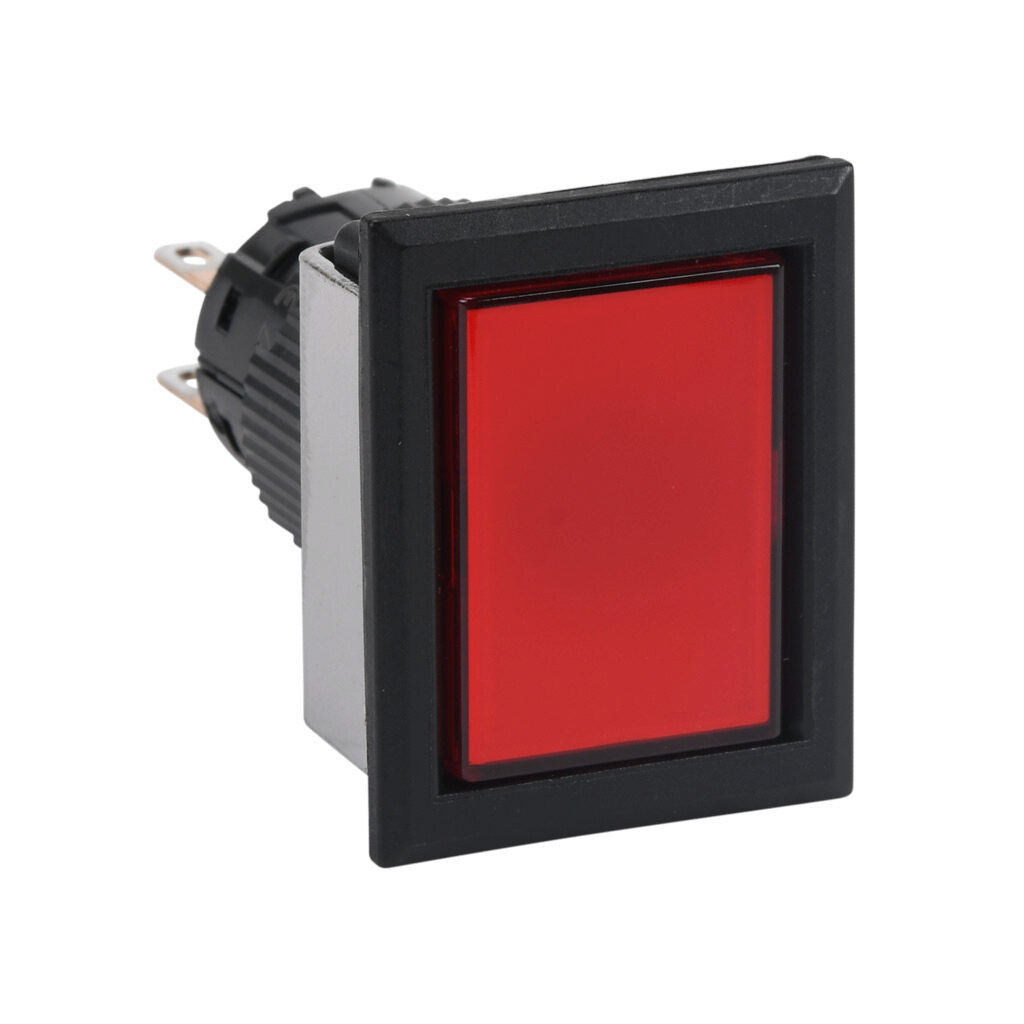 AF16F0T-C2R - Fuji Electric pushbutton, IP65, 16mm, momentary, DPDT contact(s), plastic base, plastic bezel, black, Operator: red, flush, 28mm, rectangular, plastic.