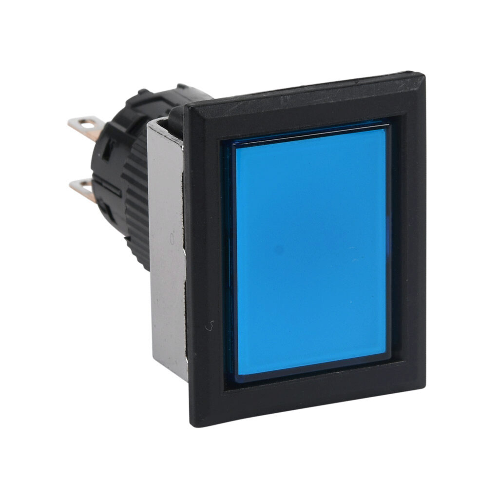 AF16F0T-C2S - Fuji Electric pushbutton, IP65, 16mm, momentary, DPDT contact(s), plastic base, plastic bezel, black, Operator: blue, flush, 28mm, rectangular, plastic.