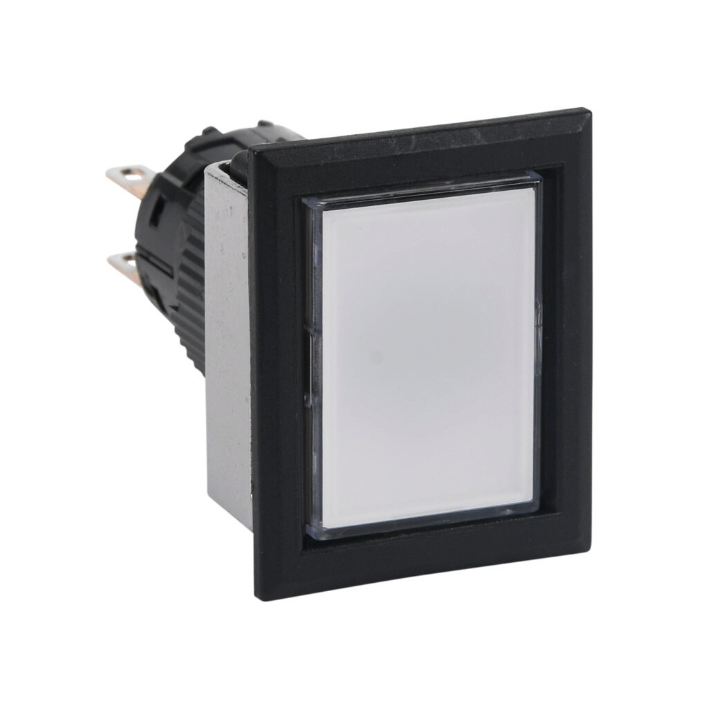 AF16F0T-C2W - Fuji Electric pushbutton, IP65, 16mm, momentary, DPDT contact(s), plastic base, plastic bezel, black, Operator: white, flush, 28mm, rectangular, plastic.