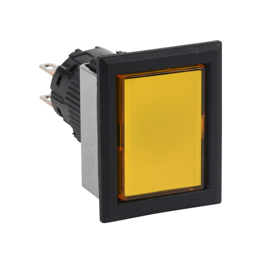 AF16F0T-C2Y - Fuji Electric pushbutton, IP65, 16mm, momentary, DPDT contact(s), plastic base, plastic bezel, black, Operator: yellow, flush, 28mm, rectangular, plastic.