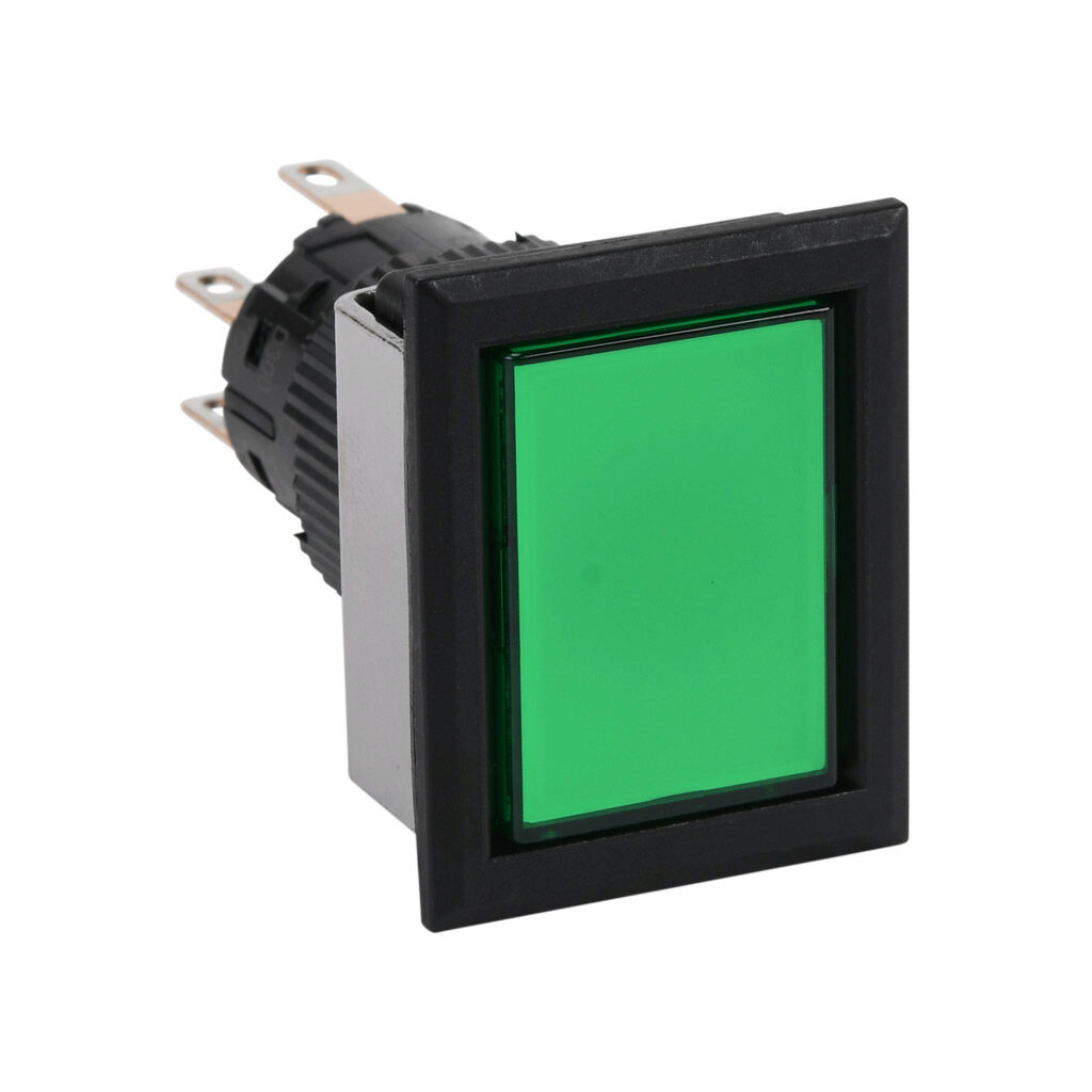 AF16F5N-C2E3G - Fuji Electric pushbutton, IP65, 16mm, push ON - push OFF, LED illuminated, DPDT contact(s), plastic base, plastic bezel, black, Operator: green, flush, 28mm, rectangular, plastic, 24 VAC/VDC, full voltage.
