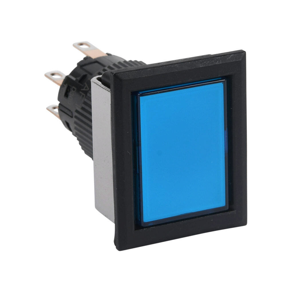 AF16F5N-C2E3S - Fuji Electric pushbutton, IP65, 16mm, push ON - push OFF, LED illuminated, DPDT contact(s), plastic base, plastic bezel, black, Operator: blue, flush, 28mm, rectangular, plastic, 24 VAC/VDC, full voltage.