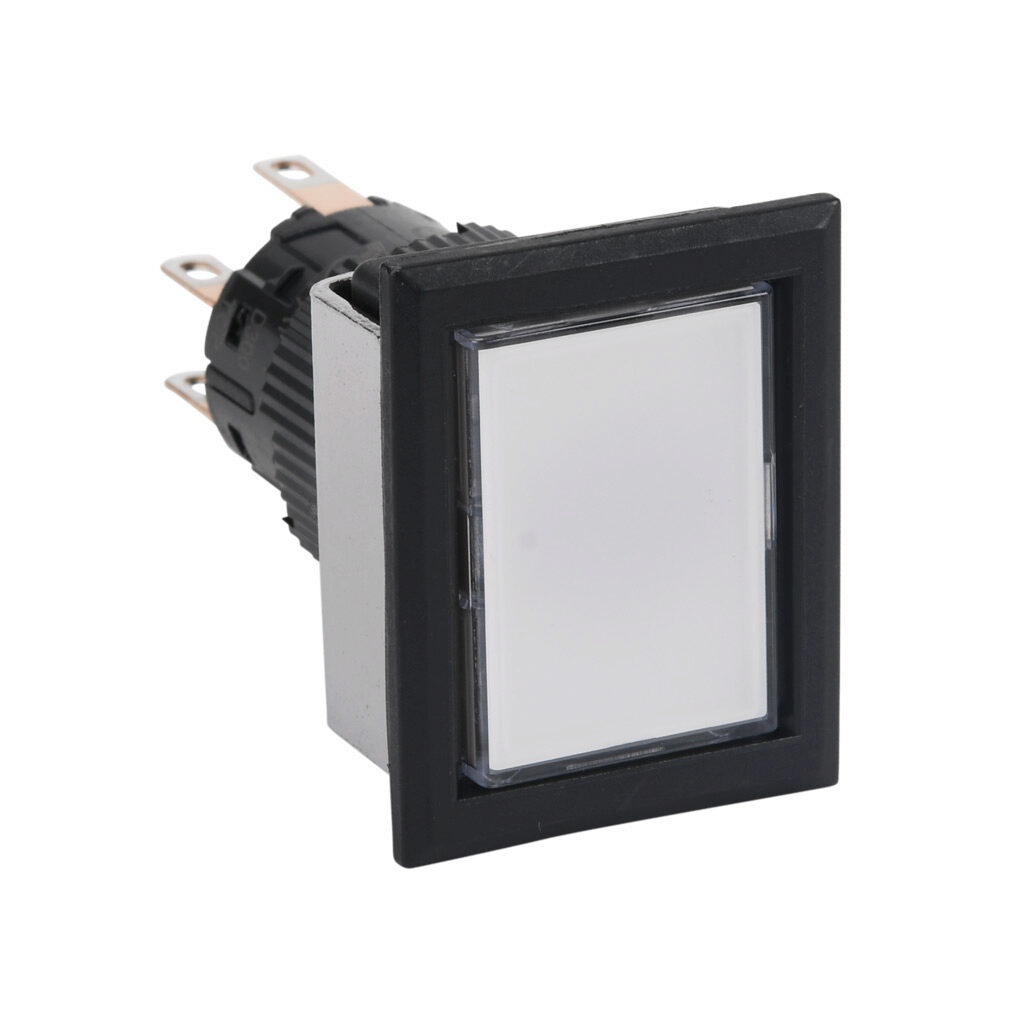 AF16F5N-C2E3W - Fuji Electric pushbutton, IP65, 16mm, push ON - push OFF, LED illuminated, DPDT contact(s), plastic base, plastic bezel, black, Operator: white, flush, 28mm, rectangular, plastic, 24 VAC/VDC, full voltage.