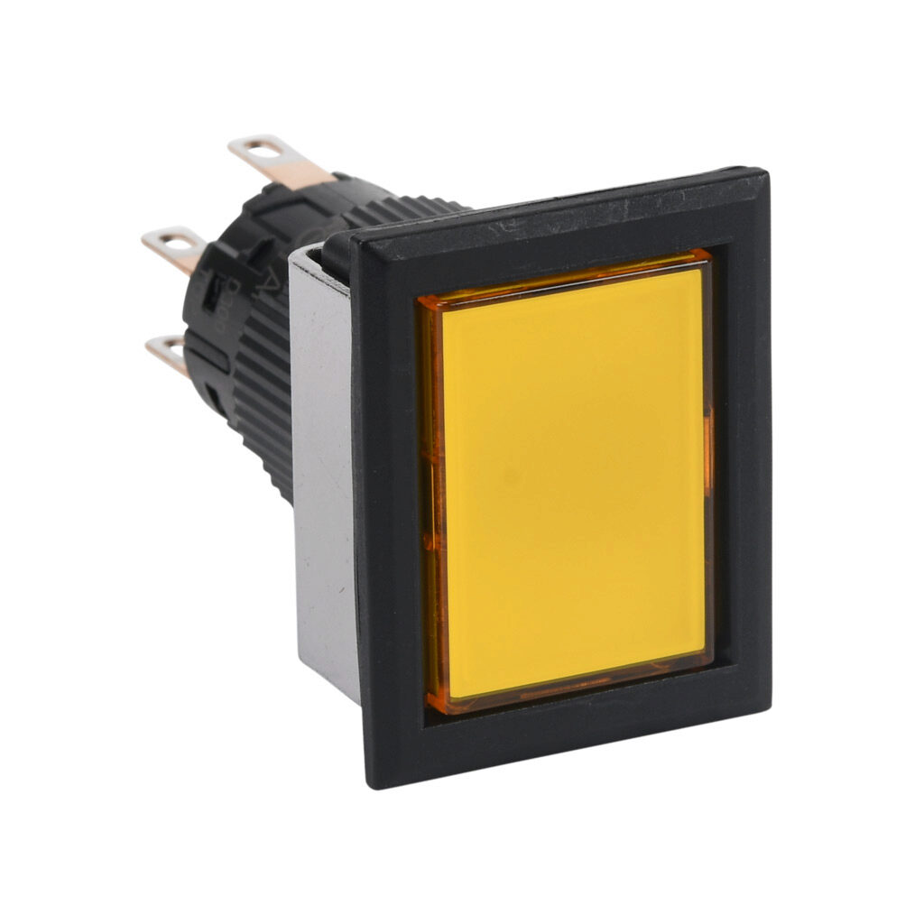 AF16F5N-C2E3Y - Fuji Electric pushbutton, IP65, 16mm, push ON - push OFF, LED illuminated, DPDT contact(s), plastic base, plastic bezel, black, Operator: yellow, flush, 28mm, rectangular, plastic, 24 VAC/VDC, full voltage.