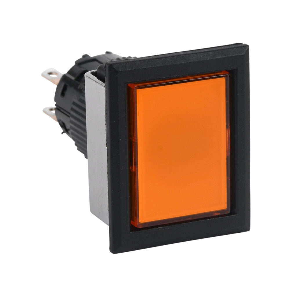 AF16F5T-C2A - Fuji Electric pushbutton, IP65, 16mm, push ON - push OFF, DPDT contact(s), plastic base, plastic bezel, black, Operator: orange, flush, 28mm, rectangular, plastic.