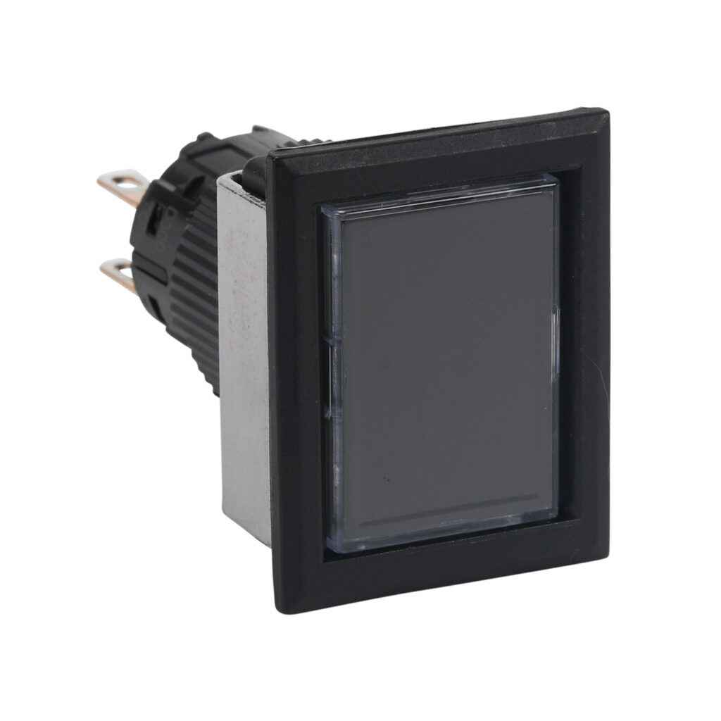 AF16F5T-C2B - Fuji Electric pushbutton, IP65, 16mm, push ON - push OFF, DPDT contact(s), plastic base, plastic bezel, black, Operator: black, flush, 28mm, rectangular, plastic.