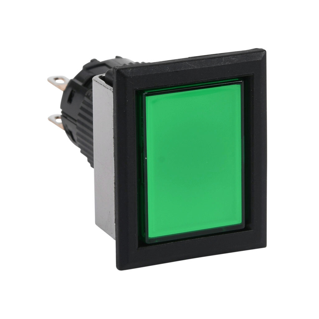 AF16F5T-C2G - Fuji Electric pushbutton, IP65, 16mm, push ON - push OFF, DPDT contact(s), plastic base, plastic bezel, black, Operator: green, flush, 28mm, rectangular, plastic.