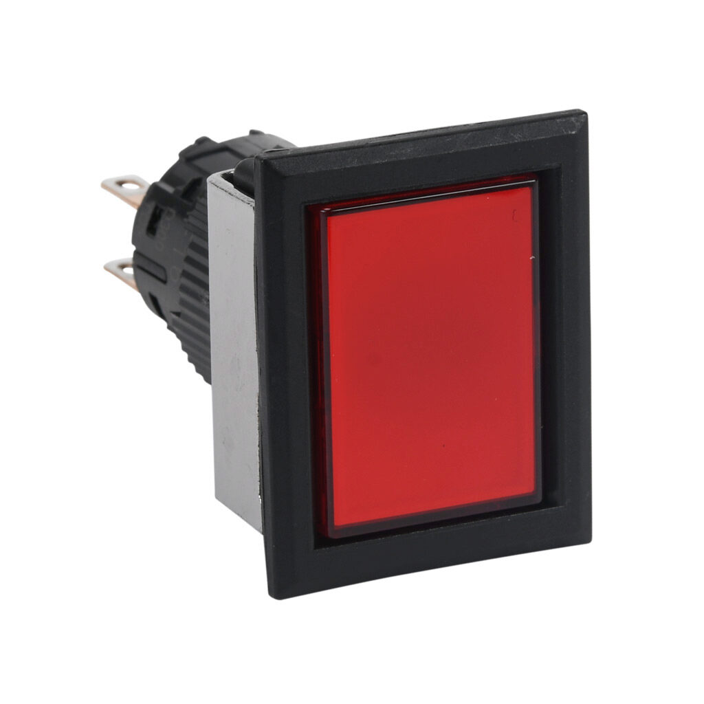 AF16F5T-C2R - Fuji Electric pushbutton, IP65, 16mm, push ON - push OFF, DPDT contact(s), plastic base, plastic bezel, black, Operator: red, flush, 28mm, rectangular, plastic.