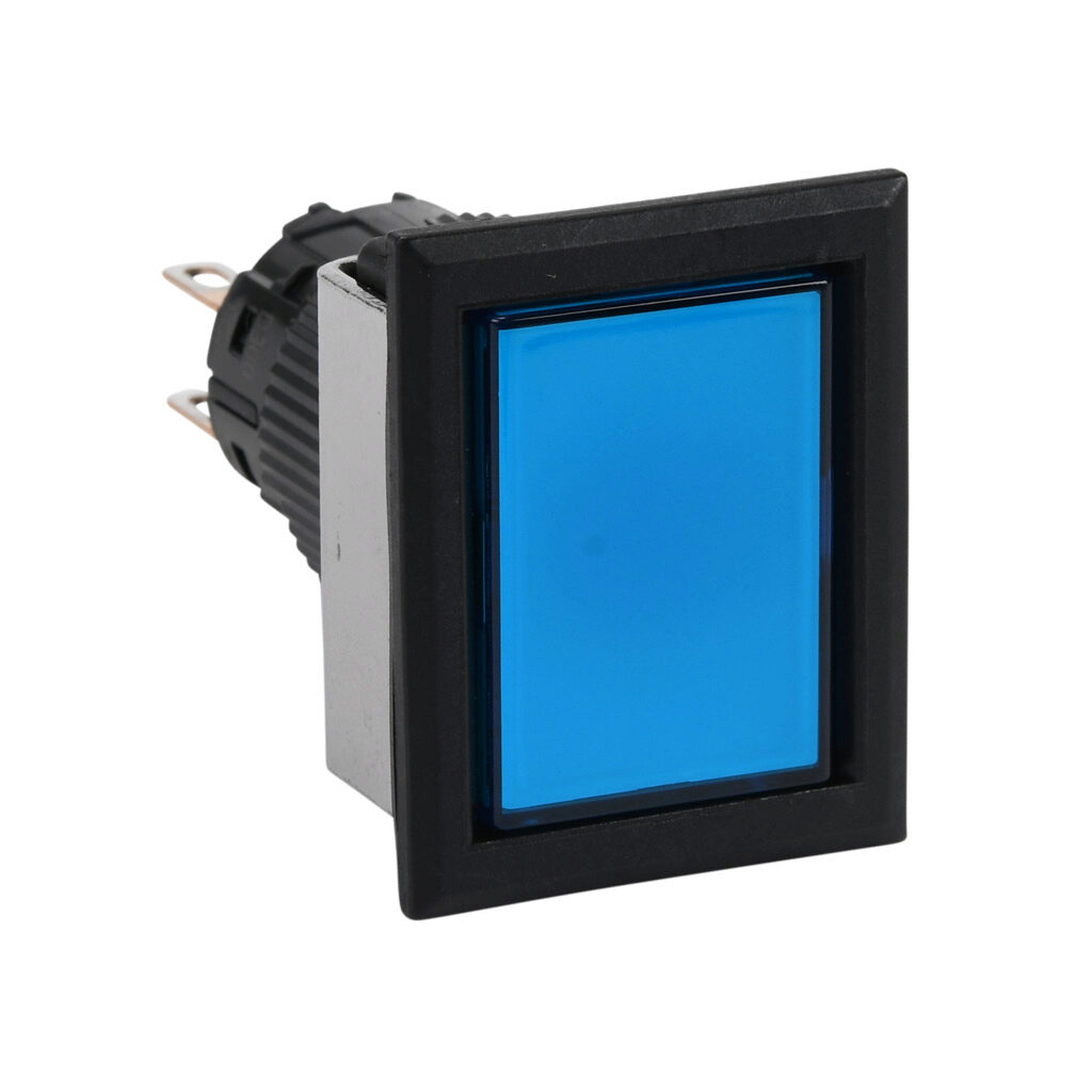 AF16F5T-C2S - Fuji Electric pushbutton, IP65, 16mm, push ON - push OFF, DPDT contact(s), plastic base, plastic bezel, black, Operator: blue, flush, 28mm, rectangular, plastic.