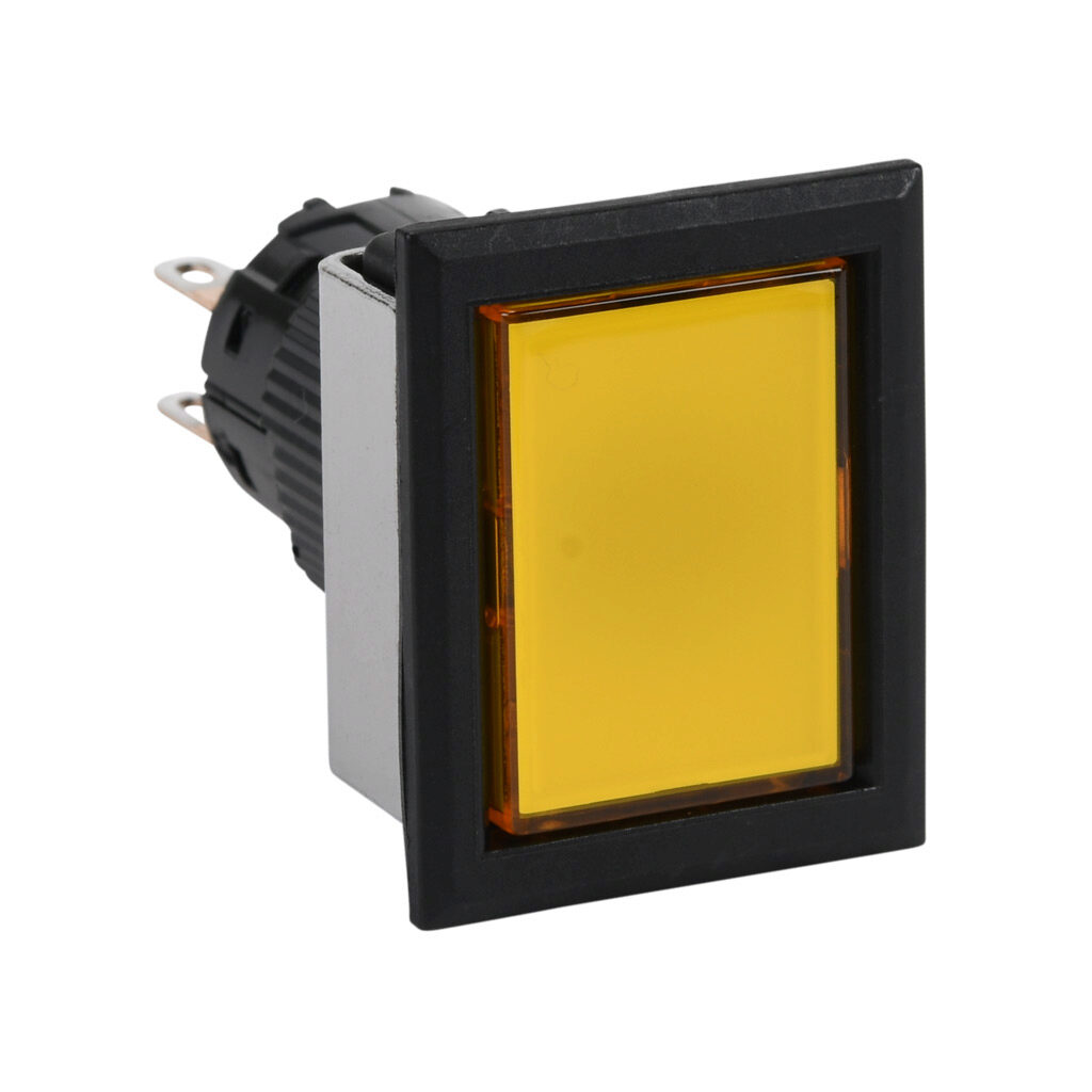 AF16F5T-C2Y - Fuji Electric pushbutton, IP65, 16mm, push ON - push OFF, DPDT contact(s), plastic base, plastic bezel, black, Operator: yellow, flush, 28mm, rectangular, plastic.