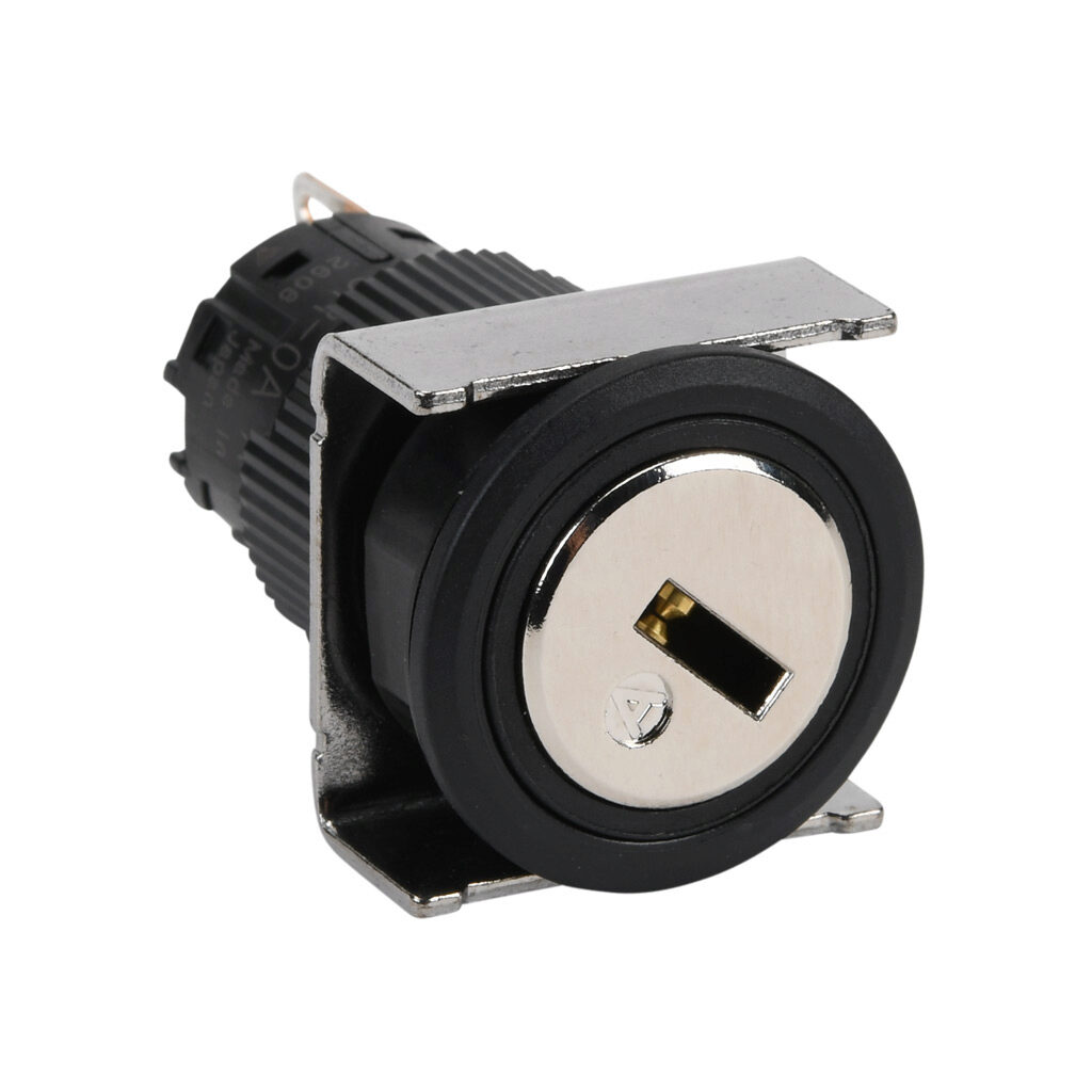 AF16JR-0AC1A - Fuji Electric selector switch, IP65, 19mm, 2-position, spring return from right, key removable left position, SPDT contact(s), plastic base, plastic bezel, Operator: silver, key, 22mm, round, metal.