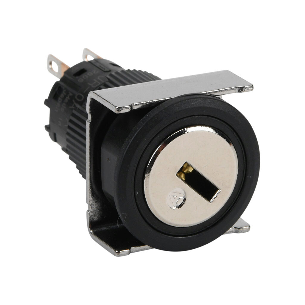 AF16JR-0AC2A - Fuji Electric selector switch, IP65, 19mm, 2-position, spring return from right, key removable left position, DPDT contact(s), plastic base, plastic bezel, Operator: silver, key, 22mm, round, metal.