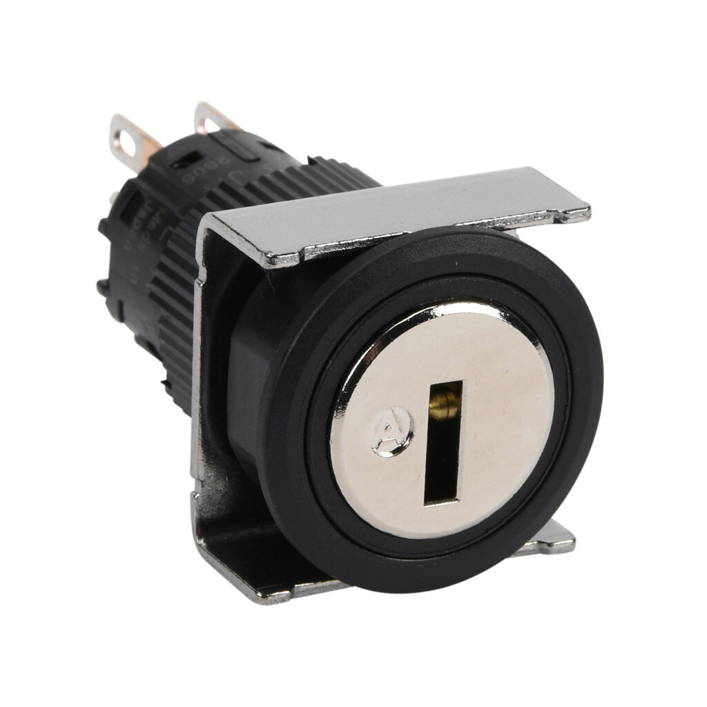AF16JR-1EC2A - Fuji Electric selector switch, IP65, 19mm, 3-position, spring return to center from right or left, key removable center position, DPDT contact(s), plastic base, plastic bezel, Operator: silver, key, 22mm, round, metal.