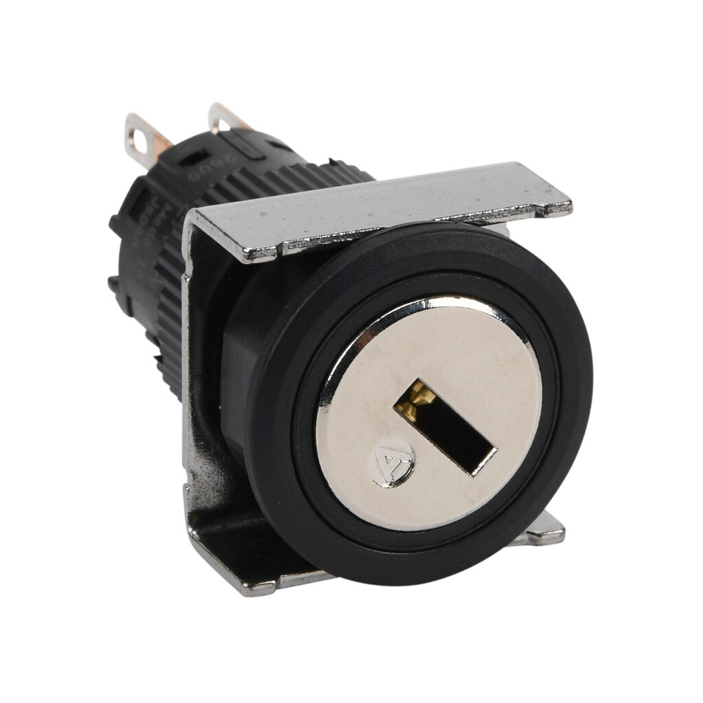 AF16JR-2AC2A - Fuji Electric selector switch, IP65, 19mm, 2-position, maintained, key removable left position, DPDT contact(s), plastic base, plastic bezel, Operator: silver, key, 22mm, round, metal.