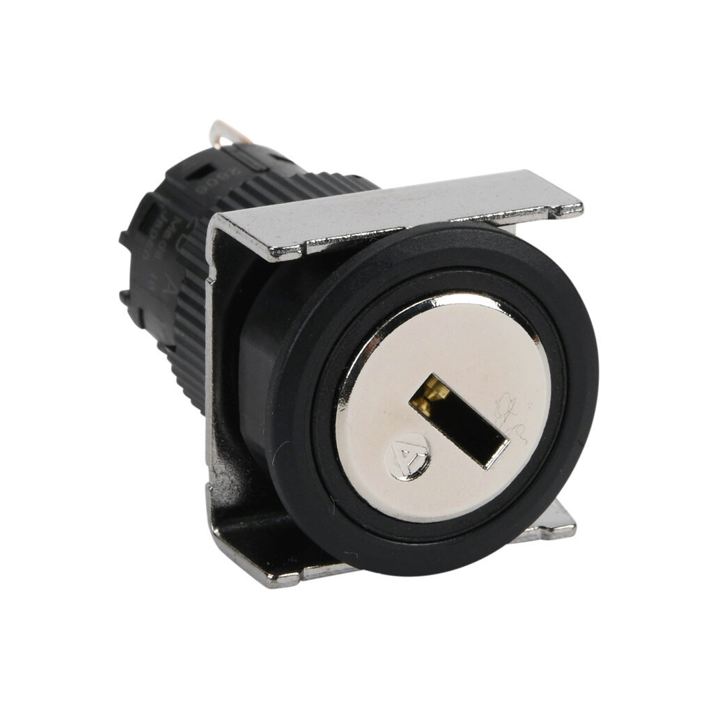 AF16JR-2BC1A - Fuji Electric selector switch, IP65, 19mm, 2-position, maintained, key removable left and right position, SPDT contact(s), plastic base, plastic bezel, Operator: silver, key, 22mm, round, metal.