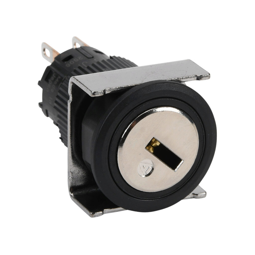 AF16JR-2BC2A - Fuji Electric selector switch, IP65, 19mm, 2-position, maintained, key removable left and right position, DPDT contact(s), plastic base, plastic bezel, Operator: silver, key, 22mm, round, metal.