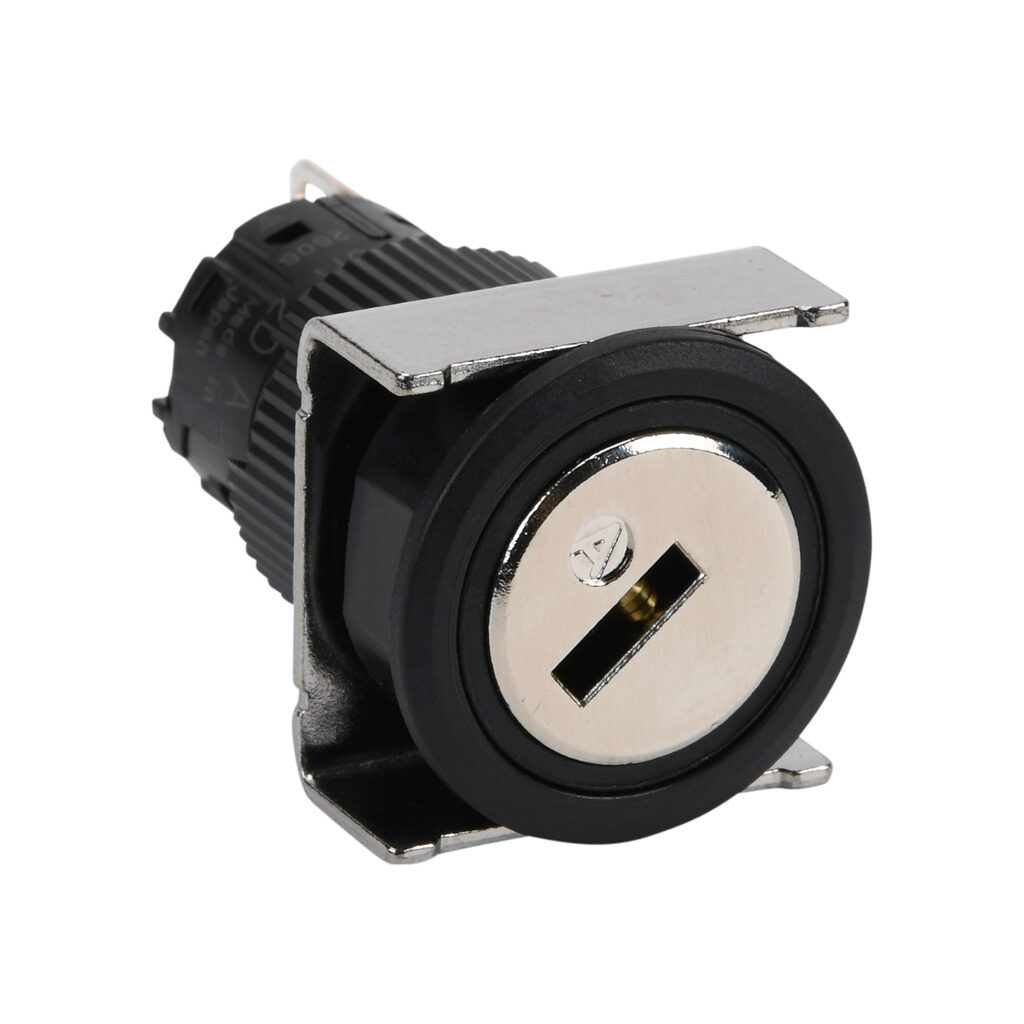 AF16JR-2DC1A - Fuji Electric selector switch, IP65, 19mm, 2-position, maintained, key removable right position, SPDT contact(s), plastic base, plastic bezel, Operator: silver, key, 22mm, round, metal.