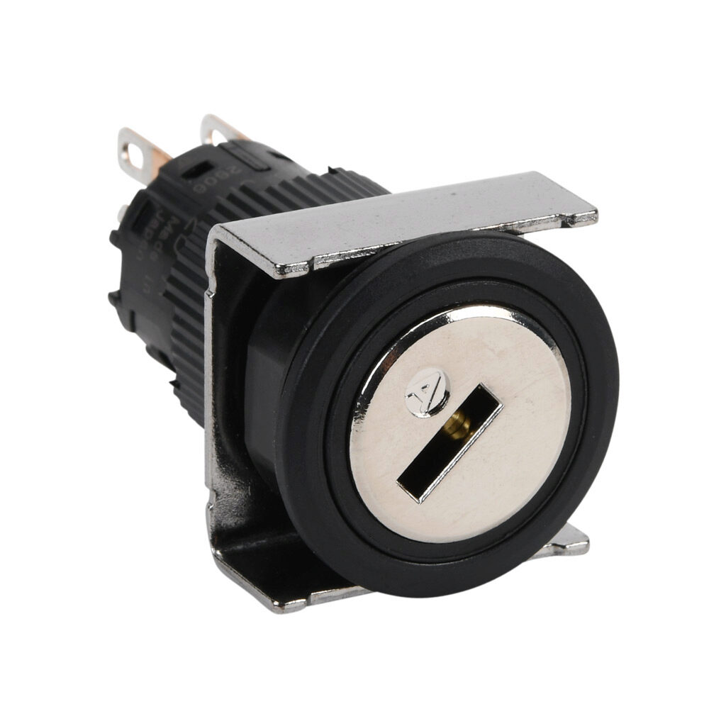 AF16JR-2DC2A - Fuji Electric selector switch, IP65, 19mm, 2-position, maintained, key removable right position, DPDT contact(s), plastic base, plastic bezel, Operator: silver, key, 22mm, round, metal.
