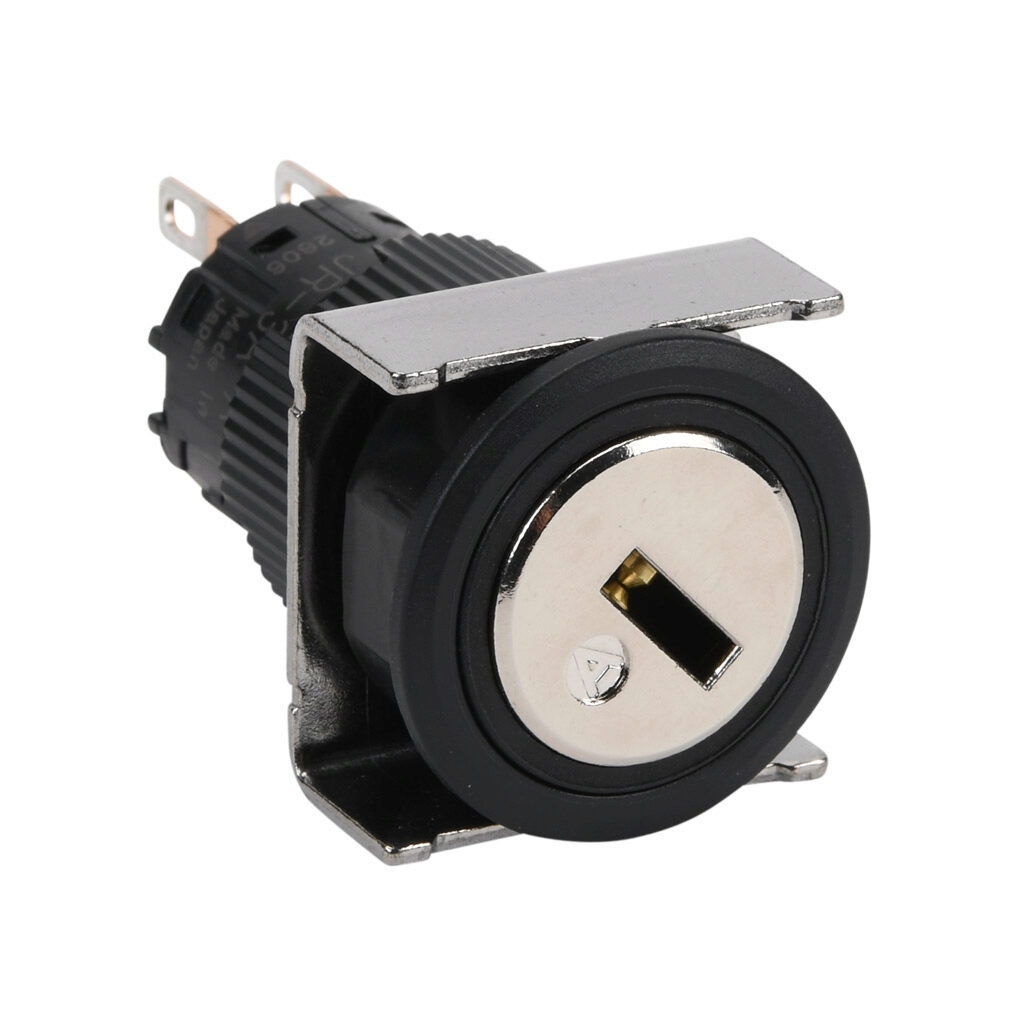 AF16JR-3AC2A - Fuji Electric selector switch, IP65, 19mm, 3-position, maintained, key removable left position, DPDT contact(s), plastic base, plastic bezel, Operator: silver, key, 22mm, round, metal.