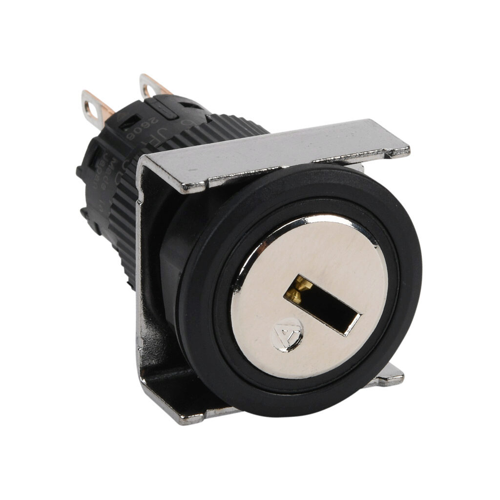 AF16JR-3BC2A - Fuji Electric selector switch, IP65, 19mm, 3-position, maintained, key removable left and right position, DPDT contact(s), plastic base, plastic bezel, Operator: silver, key, 22mm, round, metal.