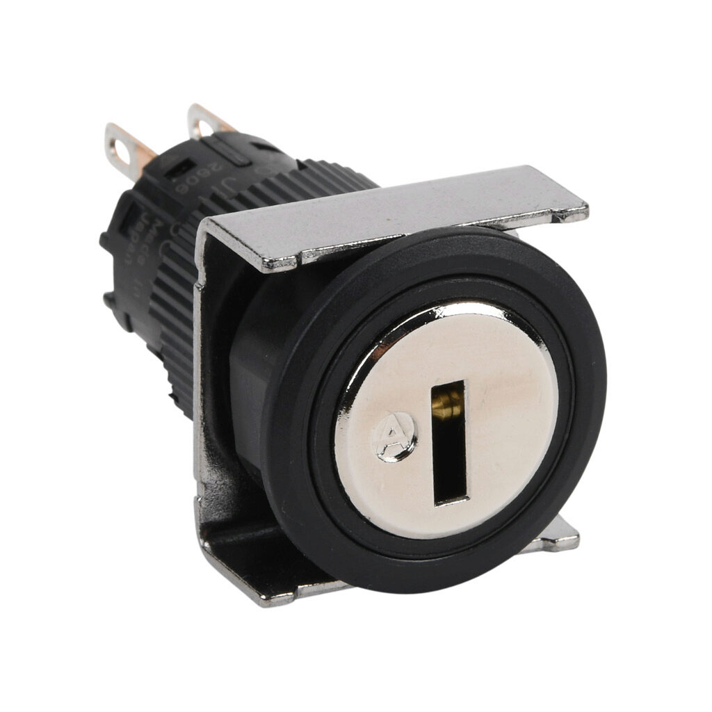 AF16JR-3CC2A - Fuji Electric selector switch, IP65, 19mm, 3-position, maintained, key removable left, right and center position, DPDT contact(s), plastic base, plastic bezel, Operator: silver, key, 22mm, round, metal.