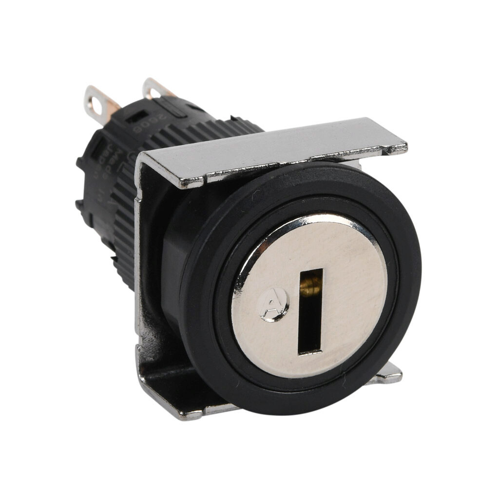 AF16JR-3EC2A - Fuji Electric selector switch, IP65, 19mm, 3-position, maintained, key removable center position, DPDT contact(s), plastic base, plastic bezel, Operator: silver, key, 22mm, round, metal.