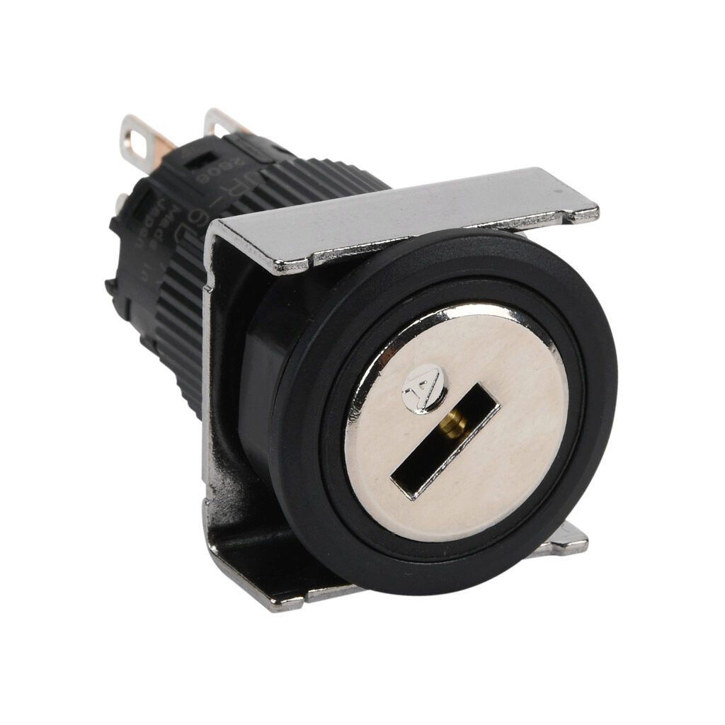 AF16JR-6DC2A - Fuji Electric selector switch, IP65, 19mm, 3-position, spring return to center from left, maintained right, key removable right position, DPDT contact(s), plastic base, plastic bezel, Operator: silver, key, 22mm, round, metal.