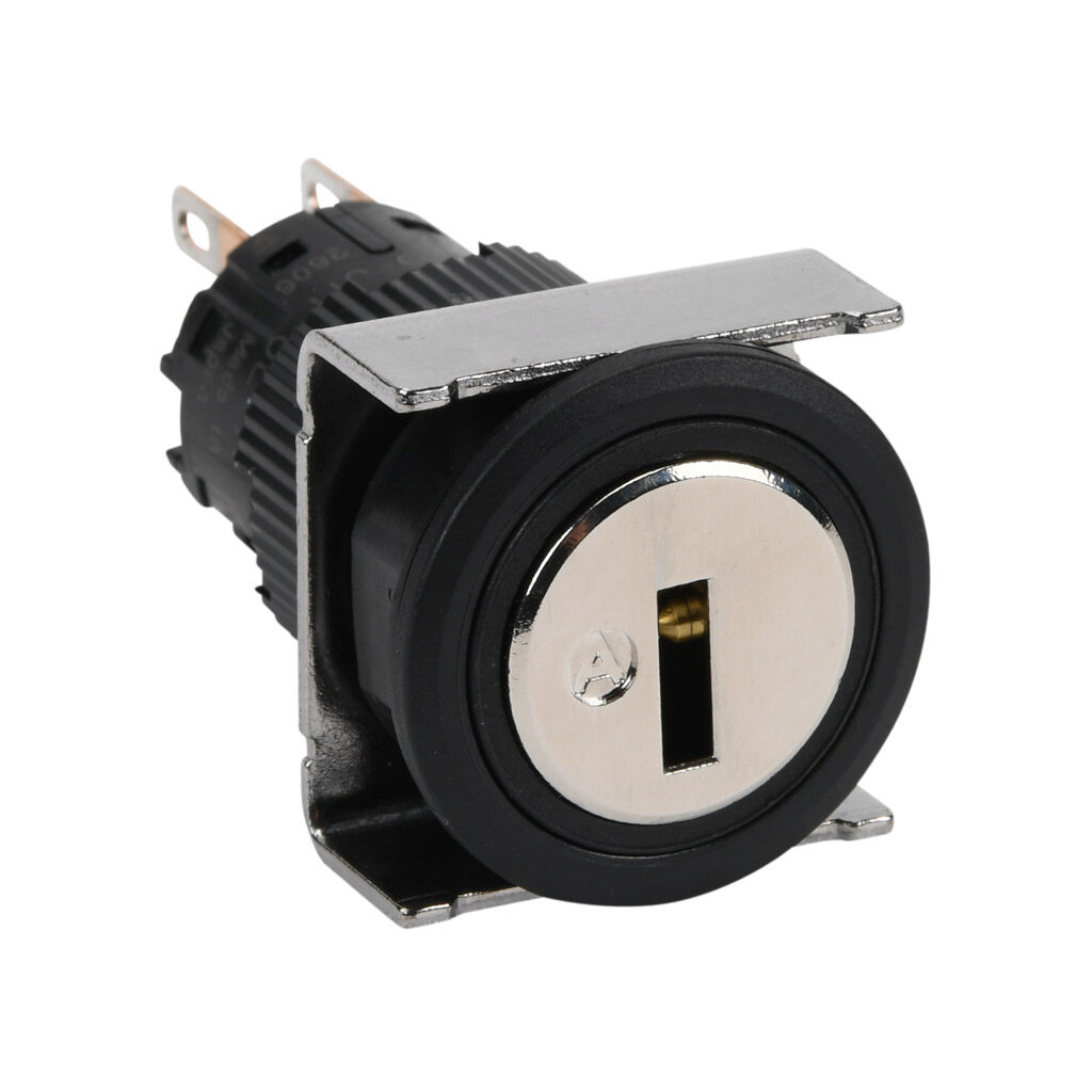AF16JR-6EC2A - Fuji Electric selector switch, IP65, 19mm, 3-position, spring return to center from left, maintained right, key removable center position, DPDT contact(s), plastic base, plastic bezel, Operator: silver, key, 22mm, round, metal.