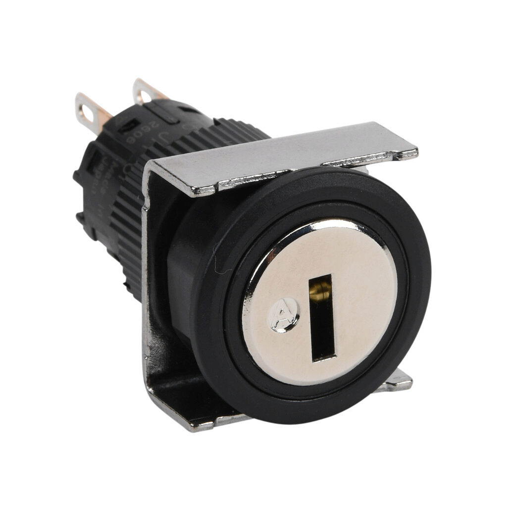 AF16JR-6FC2A - Fuji Electric selector switch, IP65, 19mm, 3-position, spring return to center from left, maintained right, key removable center and right position, DPDT contact(s), plastic base, plastic bezel, Operator: silver, key, 22mm, round, m...