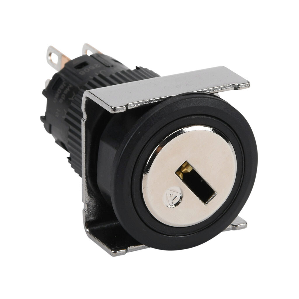 AF16JR-7AC2A - Fuji Electric selector switch, IP65, 19mm, 3-position, spring return to center from right, maintained left, key removable left position, DPDT contact(s), plastic base, plastic bezel, Operator: silver, key, 22mm, round, metal.