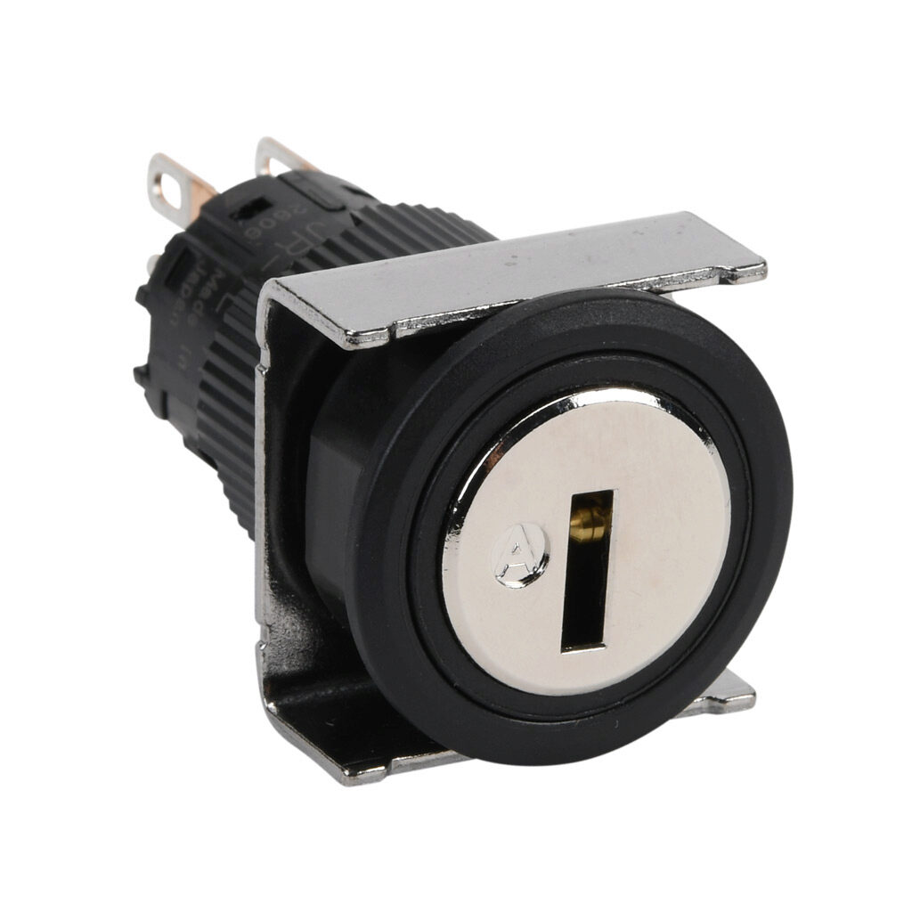 AF16JR-7EC2A - Fuji Electric selector switch, IP65, 19mm, 3-position, spring return to center from right, maintained left, key removable center position, DPDT contact(s), plastic base, plastic bezel, Operator: silver, key, 22mm, round, metal.