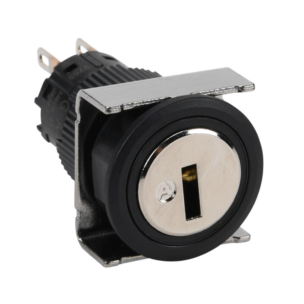 AF16JR-7GC2A - Fuji Electric selector switch, IP65, 19mm, 3-position, spring return to center from right, maintained left, key removable left and center position, DPDT contact(s), plastic base, plastic bezel, Operator: silver, key, 22mm, round, me...