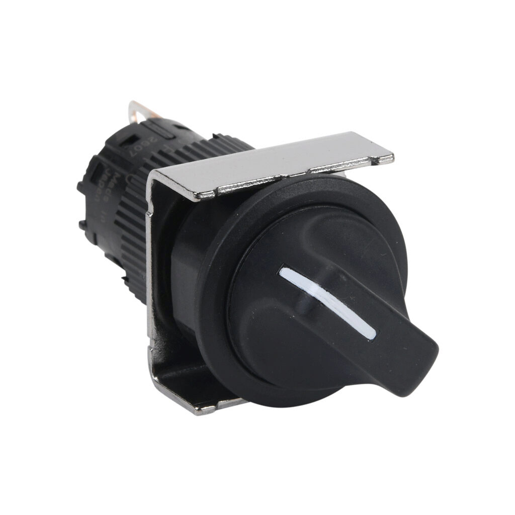 AF16PR-0C1B - Fuji Electric selector switch, IP65, 19mm, 2-position, spring return from right, SPDT contact(s), plastic base, plastic bezel, Operator: black, knob, 22mm, round, plastic.