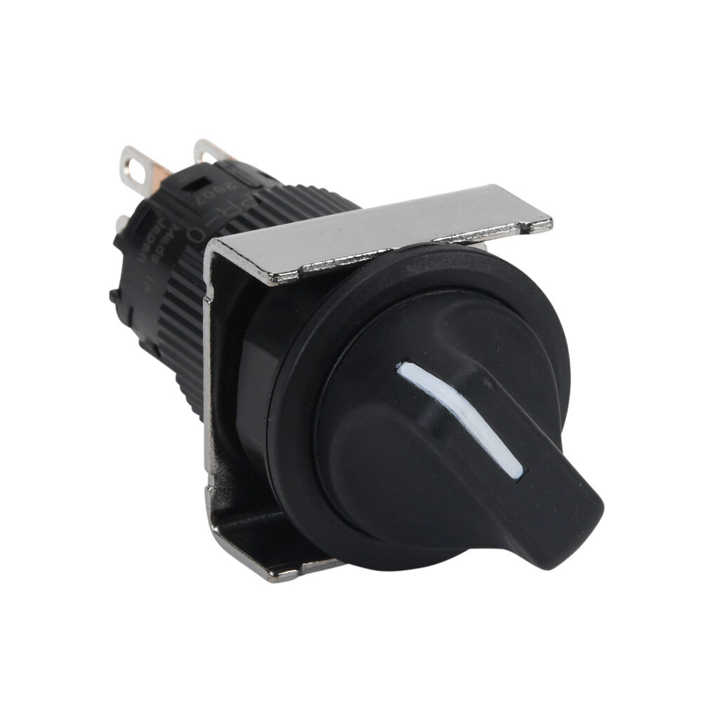 AF16PR-0C2B - Fuji Electric selector switch, IP65, 19mm, 2-position, spring return from right, DPDT contact(s), plastic base, plastic bezel, Operator: black, knob, 22mm, round, plastic.