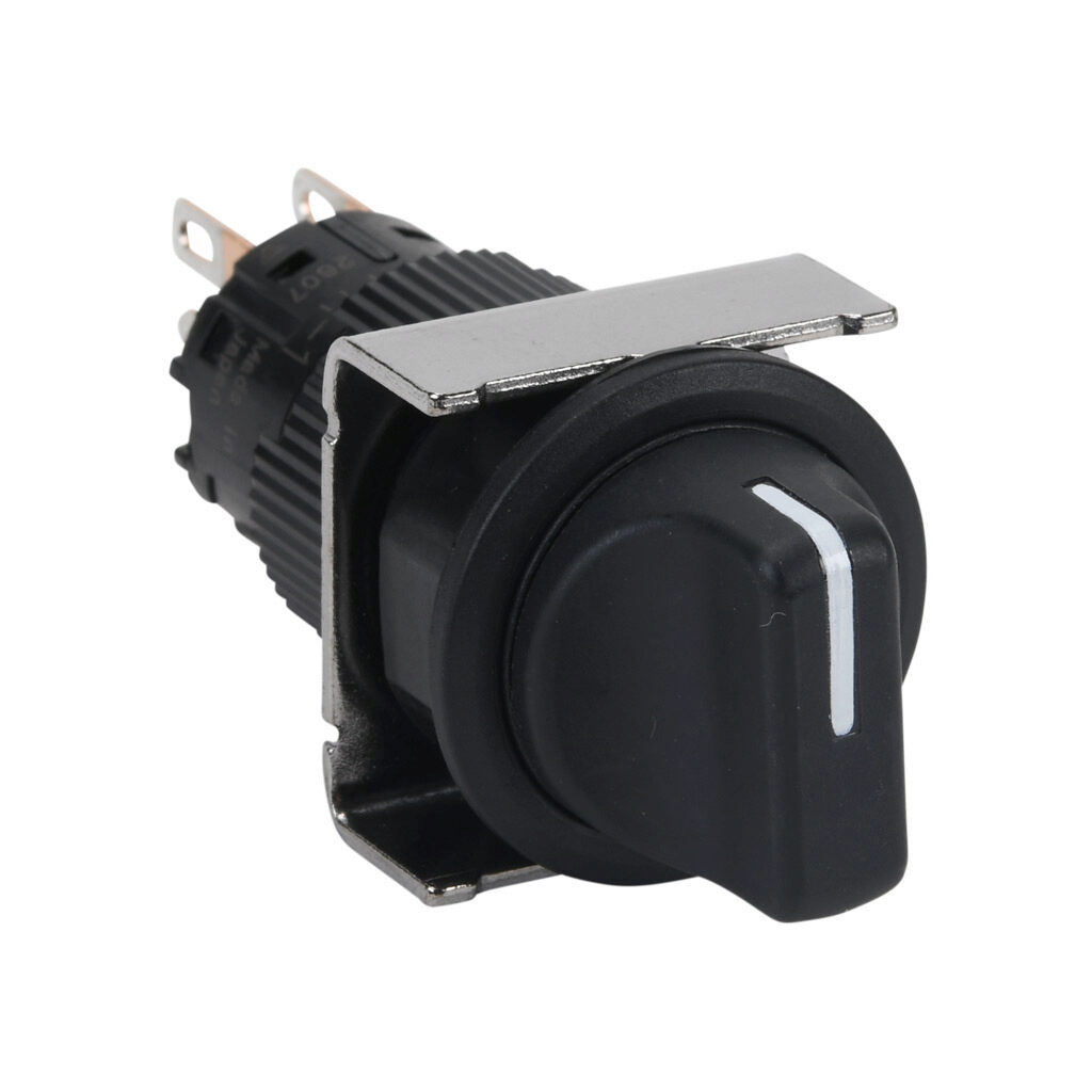 AF16PR-1C2B - Fuji Electric selector switch, IP65, 19mm, 3-position, spring return to center from right or left, DPDT contact(s), plastic base, plastic bezel, Operator: black, knob, 22mm, round, plastic.