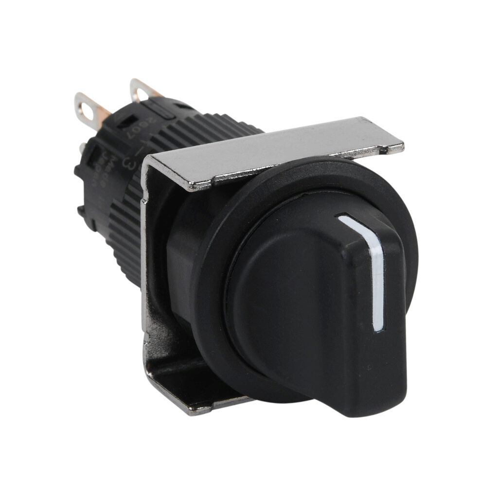 AF16PR-3C2B - Fuji Electric selector switch, IP65, 19mm, 3-position, maintained, DPDT contact(s), plastic base, plastic bezel, Operator: black, knob, 22mm, round, plastic.