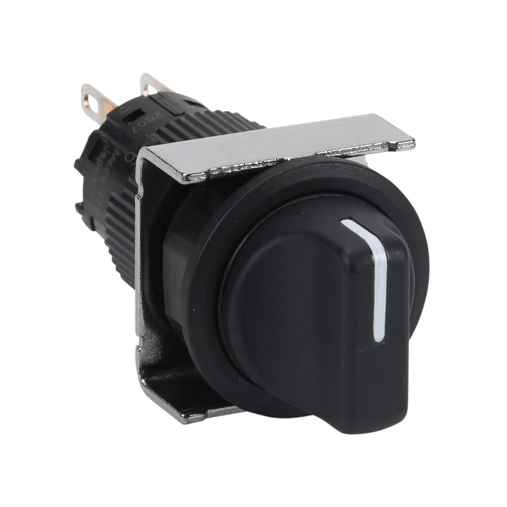 AF16PR-6C2B - Fuji Electric selector switch, IP65, 19mm, 3-position, spring return to center from left, maintained right, DPDT contact(s), plastic base, plastic bezel, Operator: black, knob, 22mm, round, plastic.