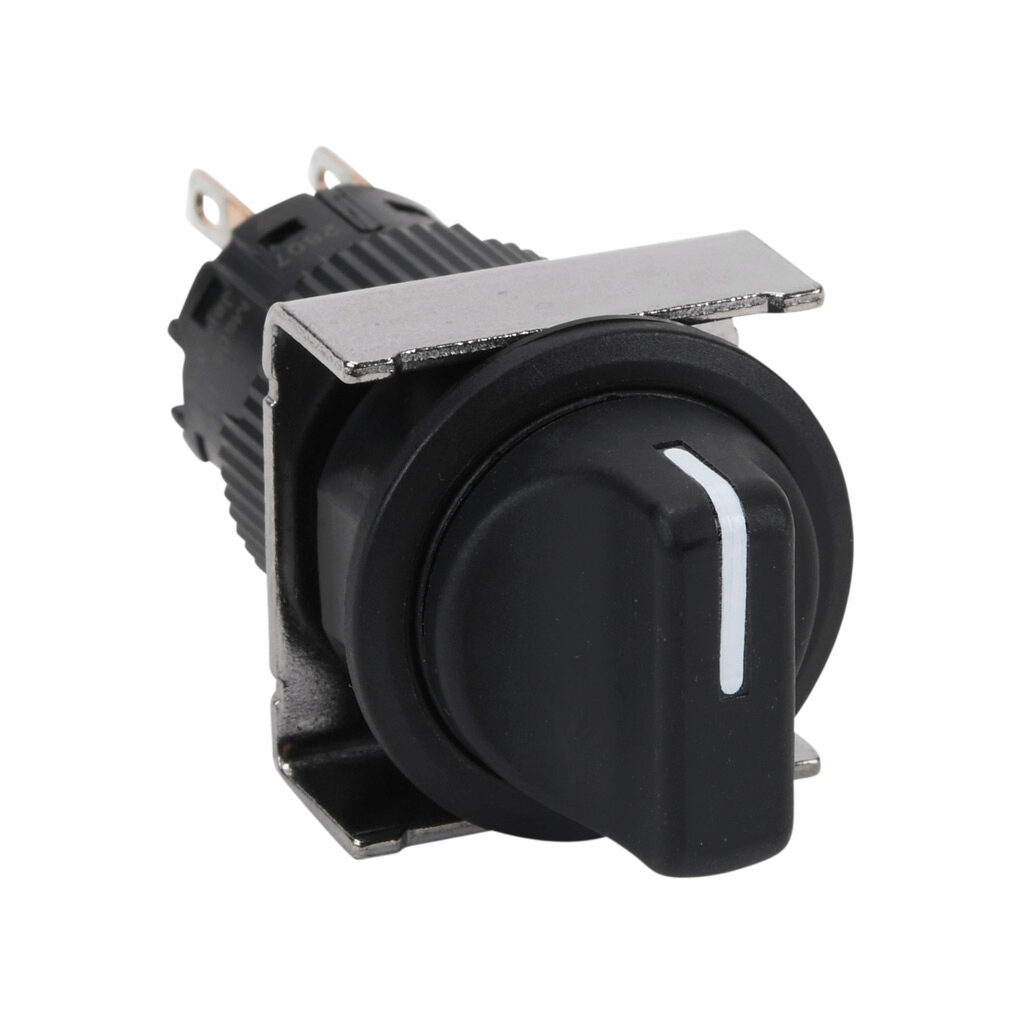 AF16PR-7C2B - Fuji Electric selector switch, IP65, 19mm, 3-position, spring return to center from right, maintained left, DPDT contact(s), plastic base, plastic bezel, Operator: black, knob, 22mm, round, plastic.